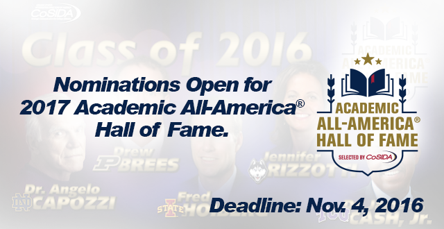 Nominations Open for CoSIDA Academic All-America® Hall of Fame 2017 Class Through Nov. 4